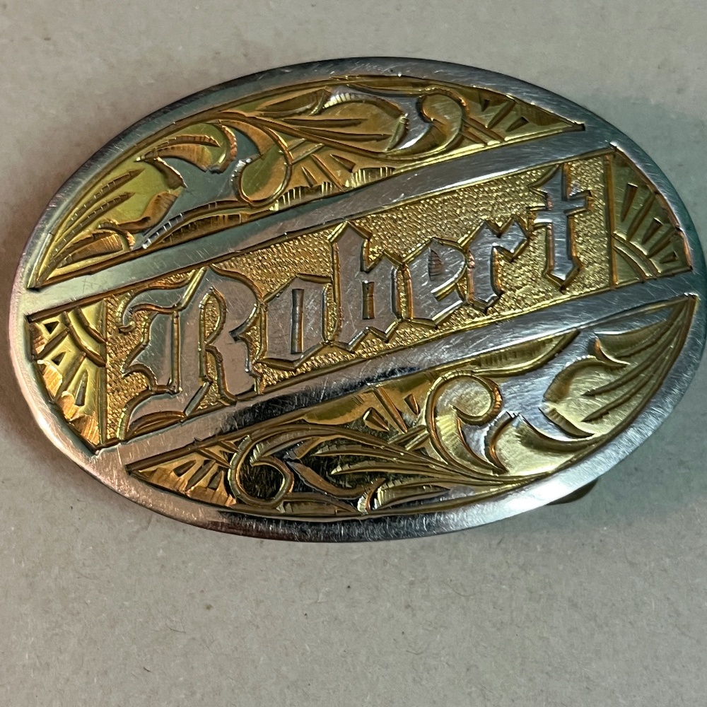 Vintage Western Cowboy Gold & Silver Toned Name Buckle Robert Boys Buckle